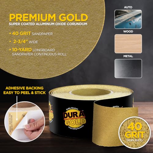 Dura-Gold Gold PSA Longboard Sandpaper, 40 Grit, 20 Yard Roll, 2-3/4" Wide - size: 40-Grit