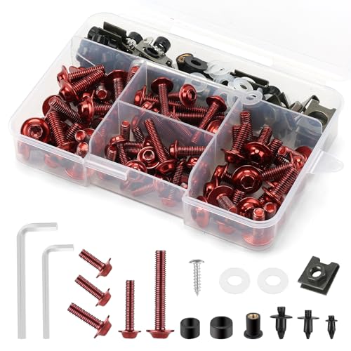 Motorcycle Fairing Bolt Kit Red, 195Pcs Stainless Steel M5 M6 - color: red