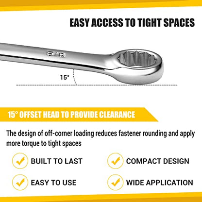 DEKOPRO Combination Wrench Set, SAE, 15-piece, 1/4'' to 1'', 12-Point, Chrome Vanadium Steel, with Plastic Tray - size: 15-Piece (SAE: 1/4-1 in)
