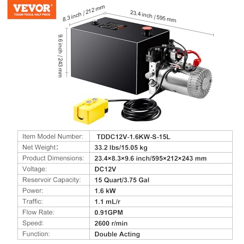 Vevor 12V/DC Hydraulic Pump 15 Quart/ 3.9 Gallon Double Acting Metal Reservoir Hydraulic Pump Unit Remotely Controlled for Dump Trailer: Industrial & Scientific - size: 15 Quart, style: Double Acting