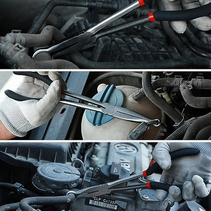 Mayouko 3PCS 11" Long Reach Hose Grip Pliers Set, 5/16 Inch, 1/2 Inch, 3/4 Inch Ring Nose Hose Gripper Pliers Kit, Carbon Steel Offset Spark Plug Boot Removal Pliers for Narrow Space - style: 3PCS