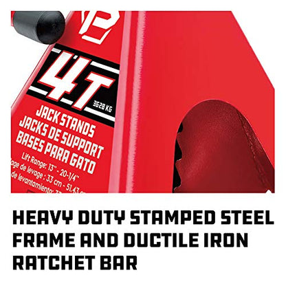 Powerbuilt 4 Ton Ratchet Jack Stands, Wide Stance Stability, Vehicle Car Lifting Range 13-Inches to 20-1/4-Inches (33cm-51cm), 1 Pair (2 Pack) - 647529 - size: 4 Ton