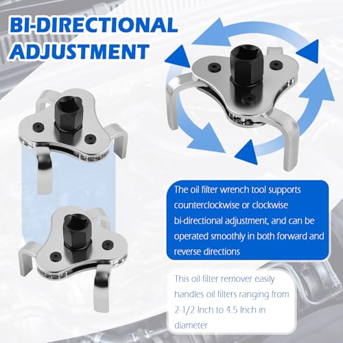 Bi-Adjustable Oil Filter Wrenches,3 Jaw Oil Filter Removal Tool for 2-1/2 to 4.5 Inch Diameter Filters,High Hardness Oils Filters Tool for Use with 1/2 & 3/8 Inch Wrenches