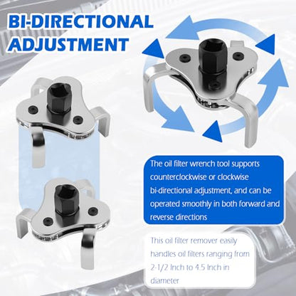 Bi-Adjustable Oil Filter Wrenches,3 Jaw Oil Filter Removal Tool for 2-1/2 to 4.5 Inch Diameter Filters,High Hardness Oils Filters Tool for Use with 1/2 & 3/8 Inch Wrenches