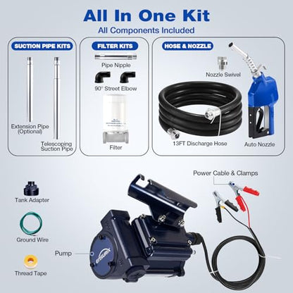 12V Fuel Transfer Pump 15 GPM, Diesel Transfer Pump 12 Volt with Auto Shut Off Nozzle, Hose & Filter, Electric Gasoline Transfer Pump Kit for Fuel Tank, Gasoline, Diesel, Kerosene