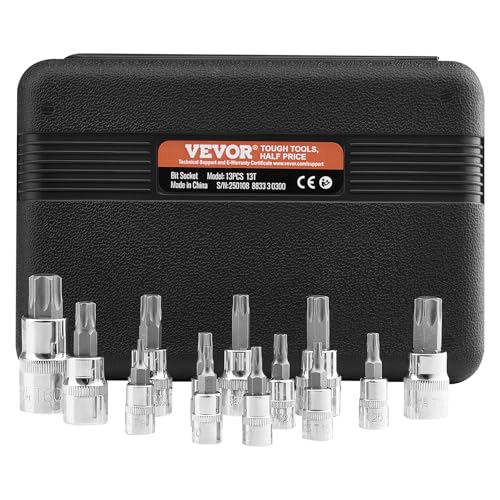 VEVOR Torx Bit Socket Set, 13-Piece Star T8 - T60 Set, S2 Alloy Steel and Cr-V Steel, 1/4 in, 3/8 in, and 1/2 in Drives, with Enhanced Storage Case, Torx Sockets for Hand Use, Mechanics, Auto Repair - size: 13 PCS