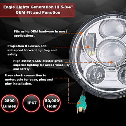 Eagle Lights 8900CG3 5 3/4" Headlight Compatible With H-D and Indian Motorcycles - Generation III/Chrome Kit - color: Chrome