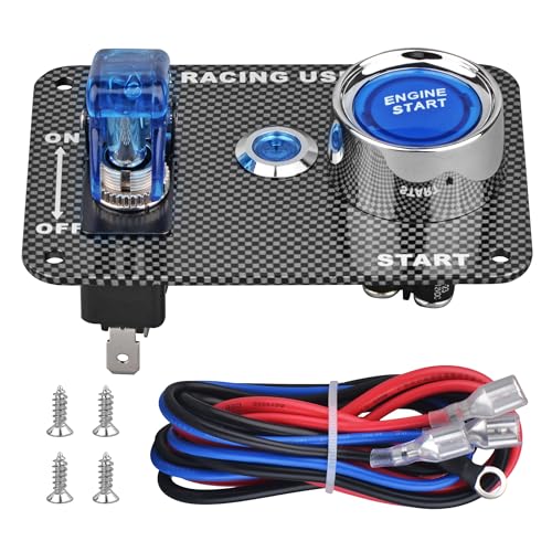DC12V Racing Car Ignition Switch Panel Carbon Fiber Rocking Switch+Engine Start Push Button with Blue Indicator Light (Blue) - color: Blue