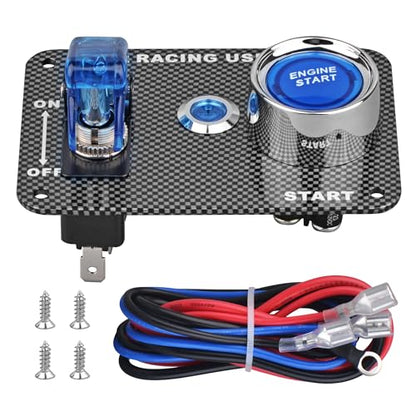 DC12V Racing Car Ignition Switch Panel Carbon Fiber Rocking Switch+Engine Start Push Button with Blue Indicator Light (Blue) - color: Blue