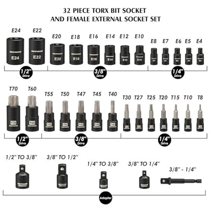 MIXPOWER 32PCS Torx Bit Socket Set, 14 Star Bits (T8-T70)& 13 E-Torx Sockets (E4-E24), CR-V & S2 Alloy Steel - size: T8-T70,E4-E24(32PCS)
