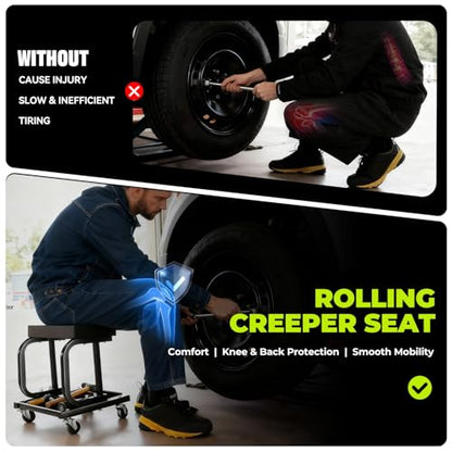 Auto Dynasty Rolling Mechanic Stool, Padded Shop Seat, w/Tool Tray, Black