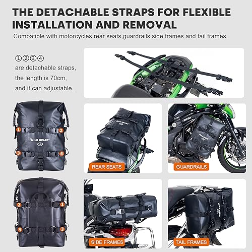 WILD HEART Waterproof Crash Bar Bags 6L/8L/15L Motorcycle Bag used as Motorcycle Luggage Sissy Bar Back Seat Saddle Rack Rear Fender Pouch Dirt Bike Gear Side Tool Bag Pack for moto ATV(15L Black) - color: 15L PVC black