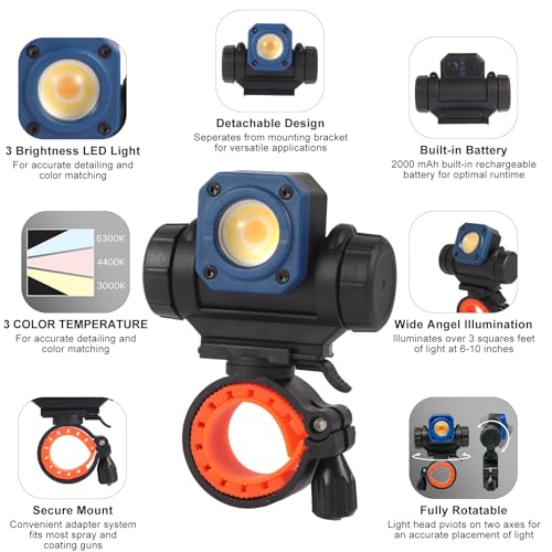 NextLED NT-R3202 Rechargeable Paint Spray Gun Light, CRI 95+ Color Match with 3 Lighting Modes (3000K/4400K/6300K), 450 LM, Mountable & Detachable, Wide Beam, Universal Auto Paint Gun Light Bracket