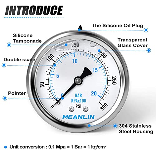 MEANLIN MEASURE 0~300Psi Stainless Steel 1/4" NPT 2.5" FACE DIAL Liquid Filled Pressure Gauge WOG Water Oil Air Center Back Mount, with 1/2" NPT and 3/8" NPT Hex Bushing - size: 0-300Psi