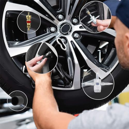 GLSOWEE Tire Valve Stem Puller Installer Tool Kit, 40Pcs Valve Cores & 20Pcs Valve Caps, 2Pcs Single Head Tire Valve Core Remover, 4-Way Valve Tool & Dual Head Puller - size: 64PCS