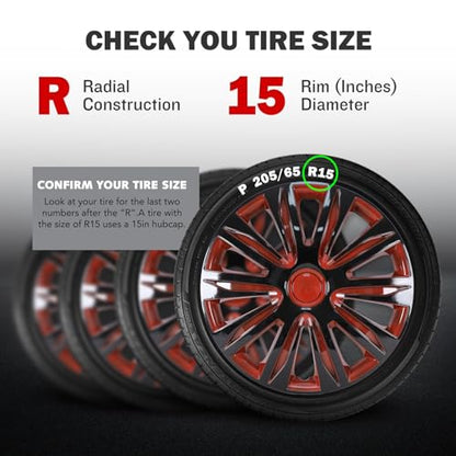 15 inch Wheel Rim Cover Hubcaps - Universal Hubcap Wheel Covers - color: 5083-Black & Red-15