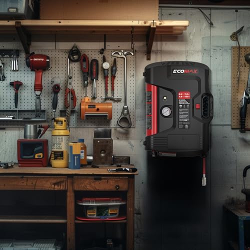 ECOMAX Wall Mount Air Compressor With 8 PCS Accessory Kit, Tire Inflator Portable Air Compressor with Retractable 30ft Air Hose, Mini Tank 125 PSI MAX Pressure & 1.5 HP for Garage and Home