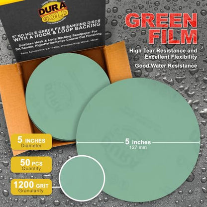 Dura-Gold 5" Green Film Sanding Discs, 1200 Grit, Box of 50, Hook & Loop - size: 1200-Grit