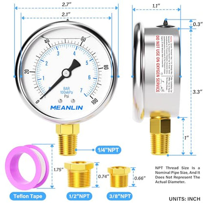 MEANLIN MEASURE 0~100Psi Stainless Steel 1/4" NPT 2.5" FACE DIAL,Liquid Filled Pressure Gauge,WOG Water Oil Air Lower Mount (Pack of 2), with 1/2" NPT and 3/8" NPT Hex Bushing - size: 0-100Psi (2Pcs)