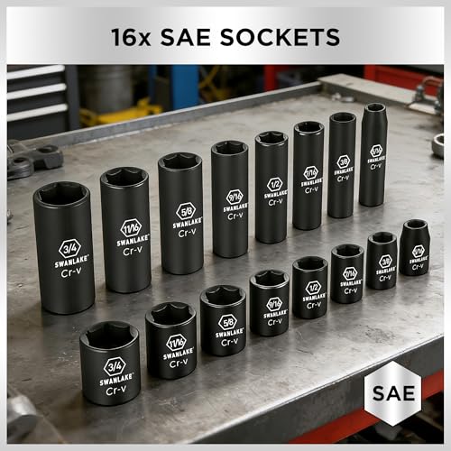 SWANLAKE 3/8'' Drive Impact Socket Set, 50-Piece Standard SAE (5/16 to 3/4 inch) and Metric (8-22mm) Size, 6 Point, Cr-V, 3/8-Inch Ratchet Handle, Extension Bar, Universal Joint - style: 3/8'' 50PCS