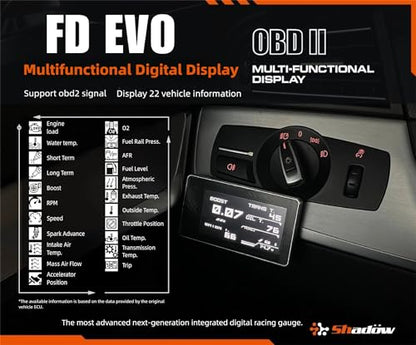 Shadow FD EVO OBD2 Digital Gauge Display - Ultra Slim Futuristic Meter with Cyberpunk Design & High-Tech Look, for 12V & 48V Newer Cars