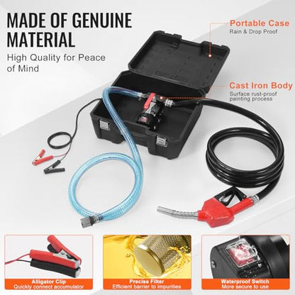 VEVOR Fuel Transfer Pump, 12V DC 10 GPM 1/4 HP, Portable Electric Diesel Transfer Pump with Automatic Shut-Off Fuel Nozzle, High Flow, Long Inlet & Outlet Hose for Diesel, Kerosene, Transformer Fuel - size: 12V 10GPM with Carry Case
