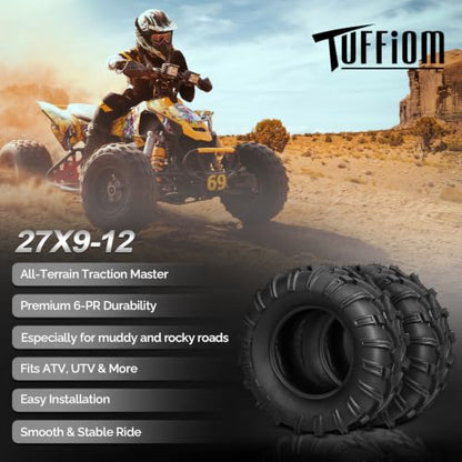 TUFFIOM Set of 2 ATV UTV Tires, 27x9-12, 6PR All-Terrain Mud Tires with Directional Tread, Drainage, Strong Srip and Snow-breaking for Rainy/Snowy Areas, Tubeless Trail Tire - size: 27x9.00-12 (2 pack)