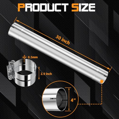 A-KARCK 4'' Muffler Replacement Pipe, Straight Exhaust Pipe 4'' Stainless Steel 30" Long Mandrel Exhaust Tube with 2 Lap Joint Band Clamps - size: 4 Inch (With Two Clamps)