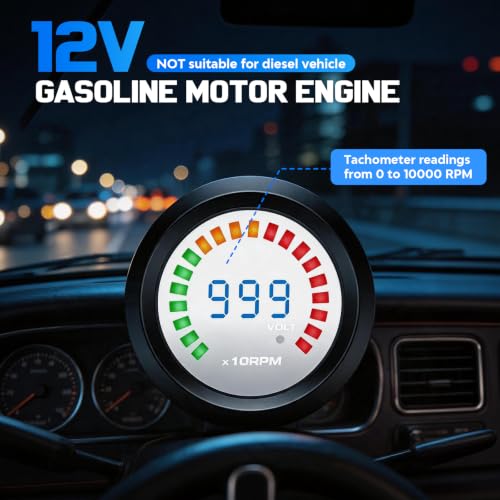 2" 52mm Tachometer Gauge with Voltage Display, 0-10000 RPM