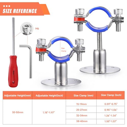 6PCS 304 Stainless Steel Wall Mount Ceiling Mount Pipe Supports,Suitable for OD Pipe 25-27mm,Adjustable Height 30-50mm,Adjustable Pipe Strap Clamp with Screws - color: Adjustable Height 30-50mm, style: 25-27mm