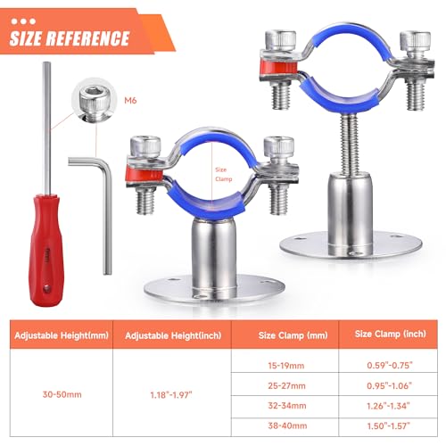 6PCS 304 Stainless Steel Wall Mount Ceiling Mount Pipe Supports,Suitable for OD Pipe 38-40mm,Adjustable Height 30-50mm,Adjustable Pipe Strap Clamp with Screws - color: Adjustable Height 30-50mm, style: 38-40mm