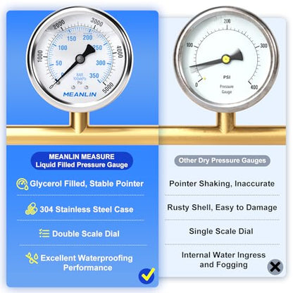 MEANLIN MEASURE 0~5000Psi Stainless Steel 1/4" NPT 2.5" FACE DIAL Liquid Filled Pressure Gauge WOG Water Oil Air Center Back Mount, with 1/2" NPT and 3/8" NPT Hex Bushing - size: 0-5000Psi