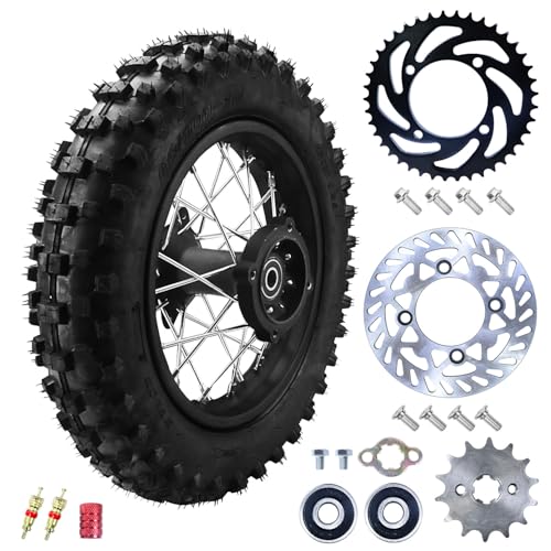 3.00-10 80/100-10 Dirt Bike Rear Rim Wheel Tire With 12mm Bearing 190mm Brake Disc And 420 41T Rear Chain Sprocket For 50/70/90/110/125cc SSR 110 CRF XR Apollo Pit Kayo Bike Mini Motorcycle