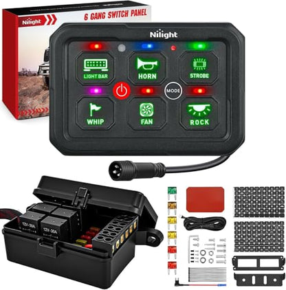 Nilight 6 Gang Switch Panel Green 12V 60A Circuit Control System 4-Mode - color: Green, size: 6 Gang Switch 4 Modes