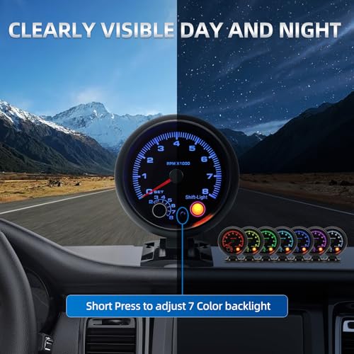 MH 3.75" 95mm Tachometer 0-8000 Large RPM Gauge 7 Color Car AUTO Tacho Shift Light with Dashboard Pod (Black) - color: Black