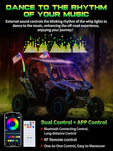 2 Pack 2FT Whip Lights with Spring Base, LED Whip Light with App & Remote Control, Spiral RGB Chasing Lighted Whips with Rocker Switch, Music Whip Light for UTV ATV - size: 2FT