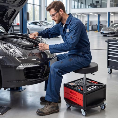 Goplus Rolling Mechanic Stool with Cushioned Seat, 3 Drawers - color: Red, size: Tool Chest