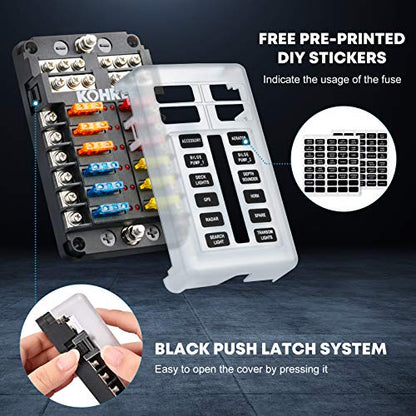 Kohree 12 Way 12V Fuse Block Marine, 12 Volt Boat Fuse Holders Waterproof - size: 12 Way