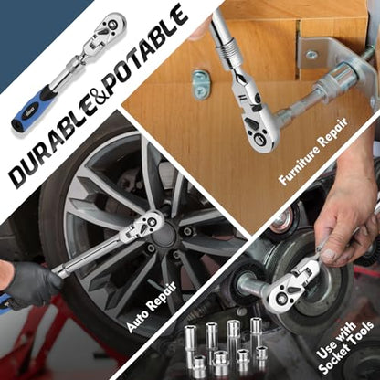 DISEN 3/8" Drive Extendable Ratchet,72-Tooth Flex-Head Ratchet Wrench with Quick Release Locking，Soft-Grip with Reversible Switch,Full-Polished Chrome Plating - color: 3/8 Extendable Flex-head Ratchet