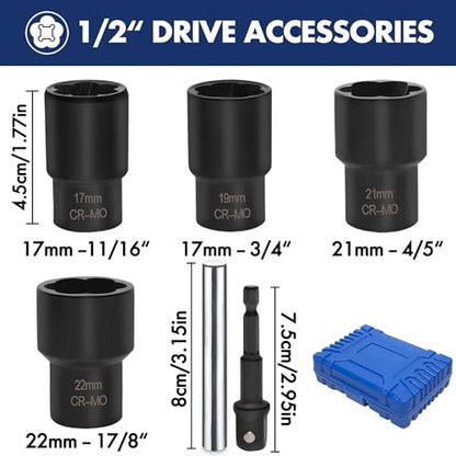 6 PCS Lug Nut Remover Socket Set Heavy Duty 1/2" Drive Wheel Lock Bolt Extractor Kit Large Size 17-22mm for Damaged, Stripped, Rounded Bolts and Fasteners, Cr-Mo Steel - size: 1/2"(17-22mm)