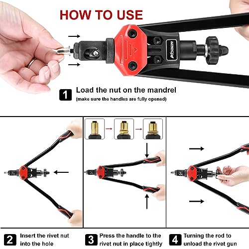 AOBEN 16" Rivet Nut Tool, Professional Hand Rivet Nut Setter Kit with 12 Interchangeable Metric & SAE Mandrels, 145Pcs Rivnuts and Rugged Carrying Case - size: 16" Rivet Nut Tool Kit