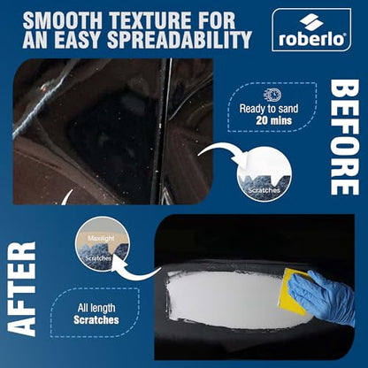 Roberlo Maxilight Superior Lightweight Auto Body Filler - Easy Application, Super Smooth Self-Leveling Formula, Creamy Texture, Ideal for Large Area Repairs, Dents, Dings, Holes, Scratches & Rust Quart