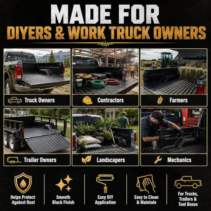 Meuvcol Truck Bed Liner Paint, 35 Oz Black Protective Coating for Pickup Beds, Tailgates, Trailers, Tool Boxes & Metal Surfaces, Brush-On or Roll-On Application with Brush, Gloves & Sandpaper
