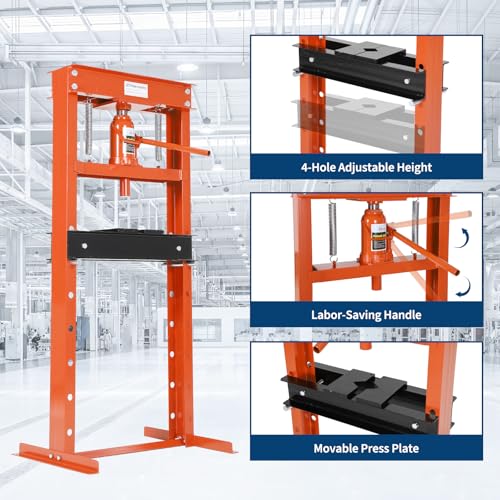 20T Hydraulic Shop Press, H-Frame with Adjustable Height, Pneumatic Benchtop Hydraulic Shop Press with 2 Press Plates, for Garage, Workshop, Orange