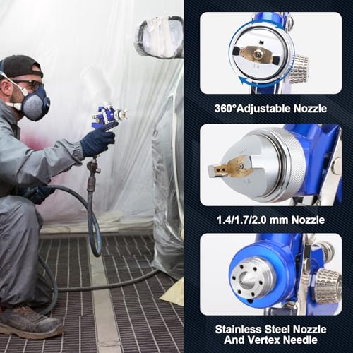 HVLP Air Spray Gun with 1.4/1.7/2.0mm Nozzles and Paint Sprayer Accessories, 600ml Capacity Container Automotive Paint Spray Gun, Paint Gun for Cars, Furniture and House DIY Painting - color: Blue, size: 1.4/1.7/2.0 mm Nozzle-600cc-Blue