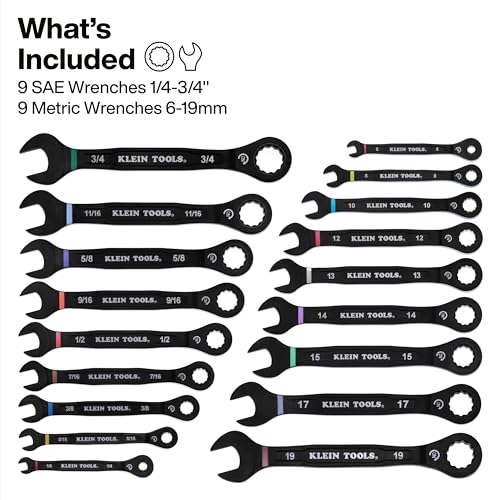 KLEIN TOOLS 69418CG 18-Piece Combination Ratcheting Wrench Set, SAE 1/4 to 3/4-Inch and Metric 6 to 19 mm, 90-Tooth Ratchet, MODbox Compatible, Color-Coded Sizes