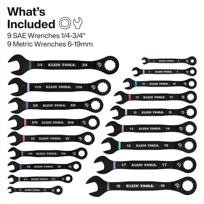 KLEIN TOOLS 69418CG 18-Piece Combination Ratcheting Wrench Set, SAE 1/4 to 3/4-Inch and Metric 6 to 19 mm, 90-Tooth Ratchet, MODbox Compatible, Color-Coded Sizes