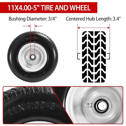 (2-Pack) 11x4.00-5 Flat-Free Lawn Mower Tires and Wheels, 3.4" Centered Hub, 3/4" & 5/8" & 1/2" Bushings, Zero Turn Front Replacement - size: 11x4-5 Flat Free Tire(Silver Rim)