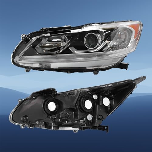 Projector Headlight Assembly w/LED DRL Fit for 2016 2017 Honda Accord EX/EX‑L/Sport,Halogen Headlamp OE Style Chrome Housing Amber Reflector Replacement Driver & Passenger Side - size: Driver&Passenger Side