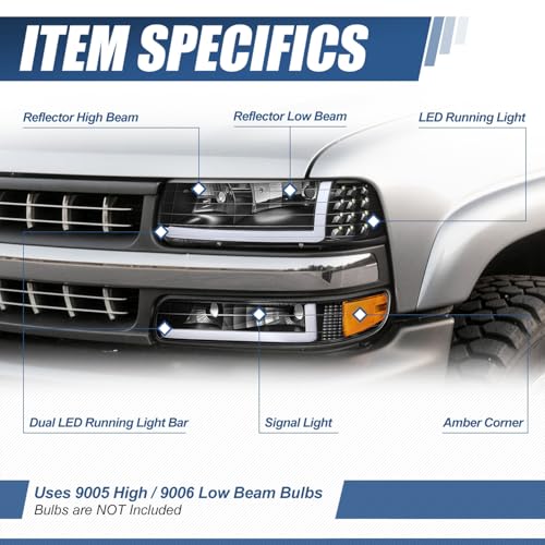 Auto Dynasty 4PCS LED DRL Headlights Assembly and Bumper Lamps Compatible with Chevy Silverado Suburban 1500 2500 3500 Tahoe 99-06, Driver and Passenger Side, Black Housing Amber Corner